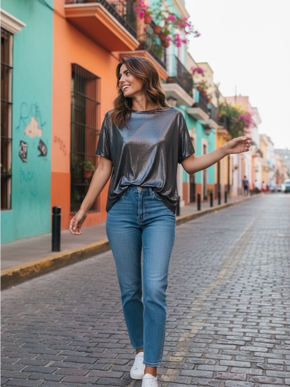 Divided shimmer metallic short sleeve top m